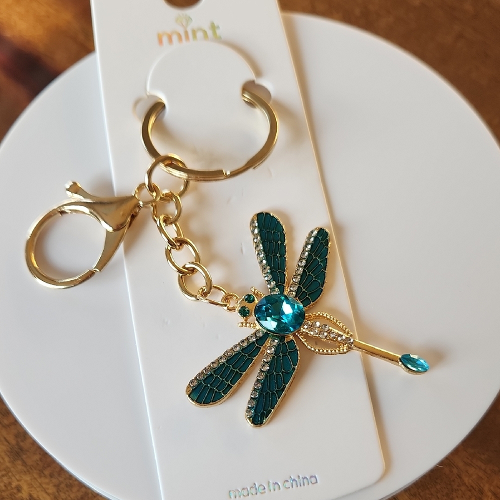 Gold And Teal Dragonfly Keychain/Bag Charm